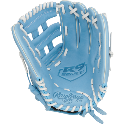 The Rawlings R9 12" Fastpitch Glove (R9SB120-6CB) features light blue full-grain leather, white laces, and “R9 SERIES” branding on the palm, displayed open against a plain white background.