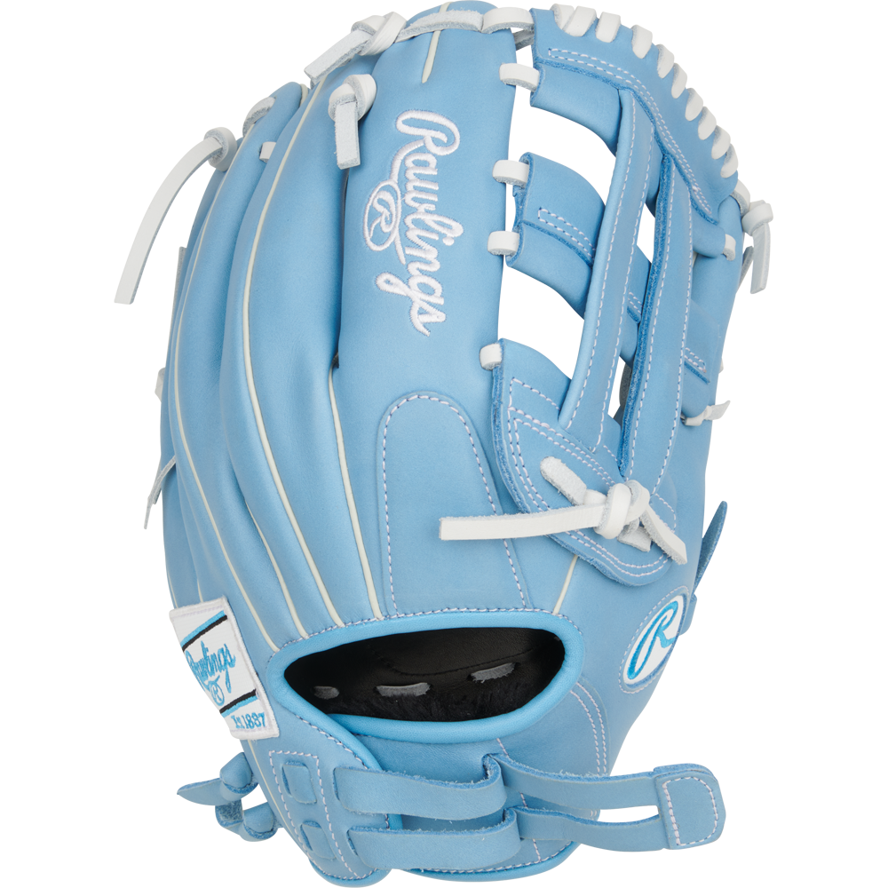The Rawlings R9 12" Fastpitch Glove (R9SB120-6CB) features light blue full-grain leather, white laces and stitching, a white Rawlings logo on the back, and a black interior pocket.