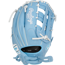 The Rawlings R9 12" Fastpitch Glove (R9SB120-6CB) features light blue full-grain leather, white laces and stitching, a white Rawlings logo on the back, and a black interior pocket.