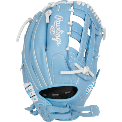 The Rawlings R9 12" Fastpitch Glove (R9SB120-6CB) features light blue full-grain leather, white laces and stitching, a white Rawlings logo on the back, and a black interior pocket.