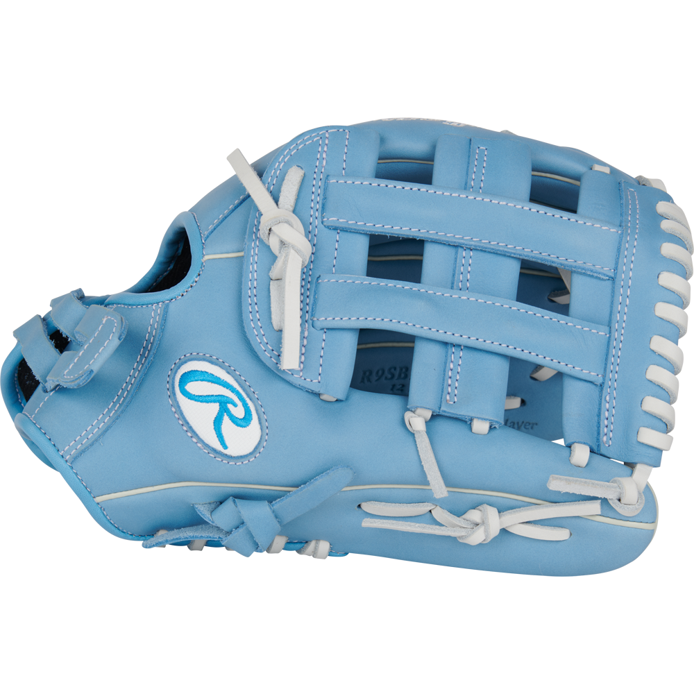 The Rawlings R9 12" Fastpitch Glove (R9SB120-6CB) is a light blue utility glove with white laces, made from full-grain leather, featuring an embroidered Rawlings logo and shown new against a plain white background.