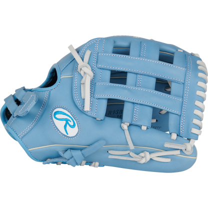 The Rawlings R9 12" Fastpitch Glove (R9SB120-6CB) is a light blue utility glove with white laces, made from full-grain leather, featuring an embroidered Rawlings logo and shown new against a plain white background.
