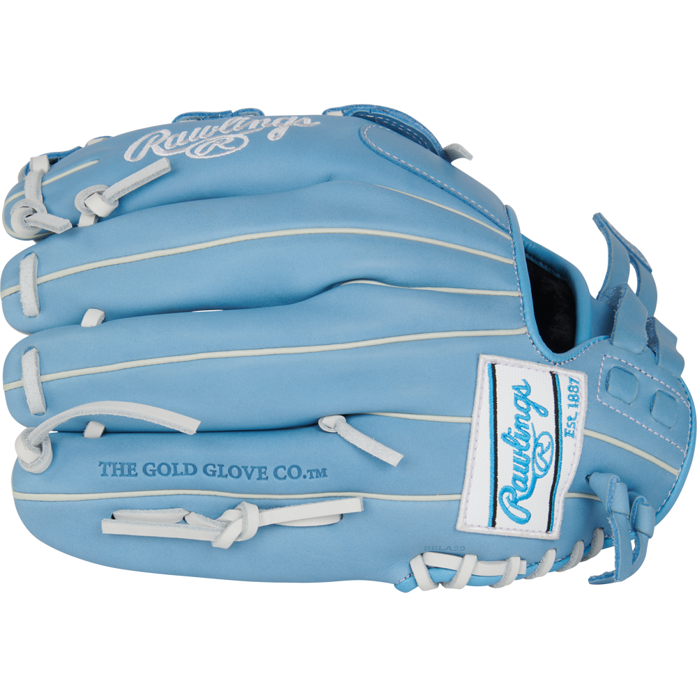 The Rawlings R9 12" Fastpitch Glove (R9SB120-6CB) features light blue full-grain leather, white laces, and embossed Rawlings and THE GOLD GLOVE CO. logos—ideal for versatile performance on the field.