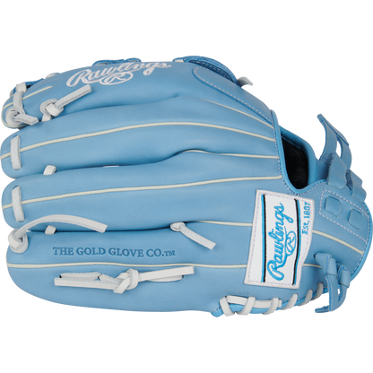 The Rawlings R9 12" Fastpitch Glove (R9SB120-6CB) features light blue full-grain leather, white laces, and embossed Rawlings and THE GOLD GLOVE CO. logos—ideal for versatile performance on the field.