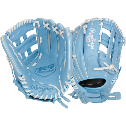 A close-up of the Rawlings R9 12" Fastpitch Glove (R9SB120-6CB), made from durable full-grain leather.