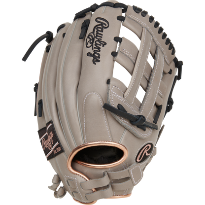 The Rawlings R9 12" ContoUR Fastpitch Glove (R9SB120U-6GB) is a tan youth softball glove with black laces and stitching, webbed pocket, and the Rawlings logo on the back—designed for ultimate comfort with superior ContoUR Fit.