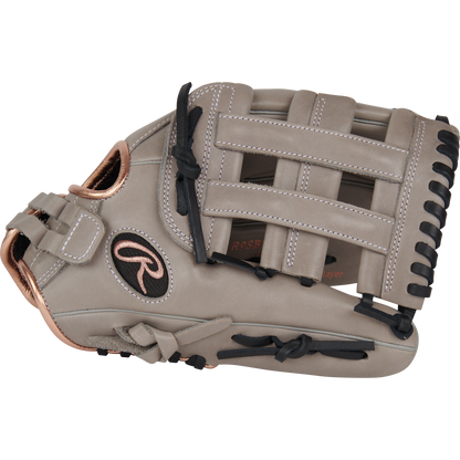 The Rawlings R9 12" ContoUR Fastpitch Glove (R9SB120U-6GB) features a tan design with black laces, copper trim, and an open web, shown on a plain white background.