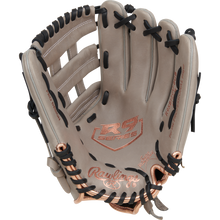 The Rawlings R9 12" ContoUR Fastpitch Glove (R9SB120U-6GB) features a tan design with black laces, rose gold accents, ContoUR Fit for comfort, the R9 Series logo on the palm, and Rawlings stitched near the wrist.