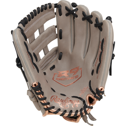 The Rawlings R9 12" ContoUR Fastpitch Glove (R9SB120U-6GB) features a tan design with black laces, rose gold accents, ContoUR Fit for comfort, the R9 Series logo on the palm, and Rawlings stitched near the wrist.
