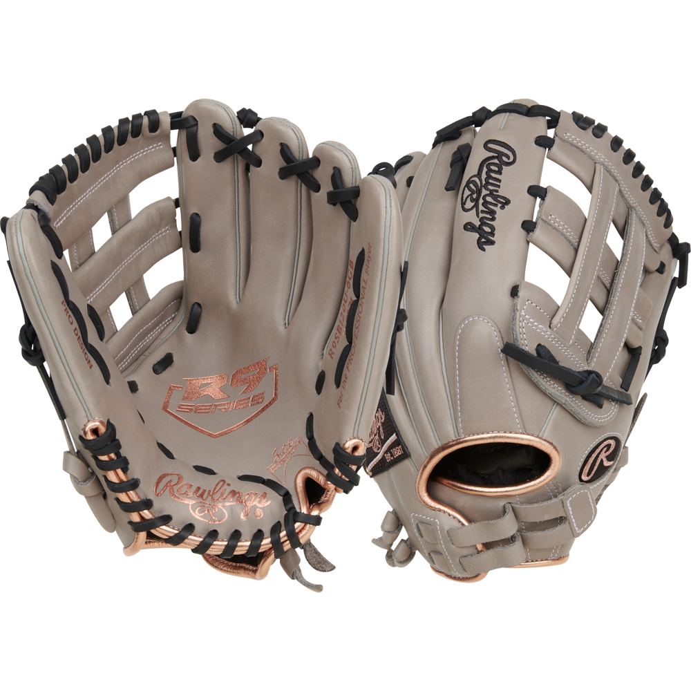 The Rawlings R9 12" ContoUR Fastpitch Glove (R9SB120U-6GB) features a gray design with black laces and gold accents, shown front and back on a light background, offering a comfortable fit for young softball players.
