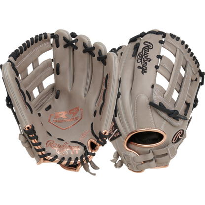 The Rawlings R9 12" ContoUR Fastpitch Glove (R9SB120U-6GB) features a gray design with black laces and gold accents, shown front and back on a light background, offering a comfortable fit for young softball players.