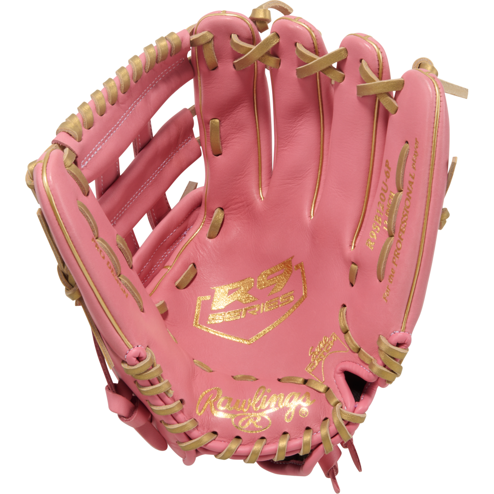 The Rawlings R9 12" ContoUR Fastpitch Glove (R9SB120U-6P) is shown palm-side up, featuring a pink design with tan laces and gold lettering, set against a plain white background.