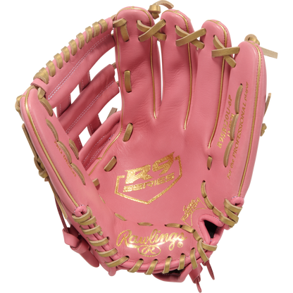 The Rawlings R9 12" ContoUR Fastpitch Glove (R9SB120U-6P) is shown palm-side up, featuring a pink design with tan laces and gold lettering, set against a plain white background.