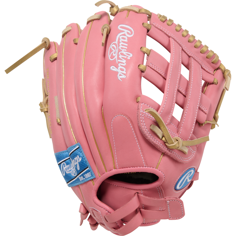 The Rawlings R9 12" ContoUR Fastpitch Glove (R9SB120U-6P) is a pink youth softball glove with tan laces, white stitching, blue Rawlings logos, and ContoUR Fit design, shown against a white background.