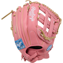 The Rawlings R9 12" ContoUR Fastpitch Glove (R9SB120U-6P) is a pink youth softball glove with tan laces, white stitching, blue Rawlings logos, and ContoUR Fit design, shown against a white background.