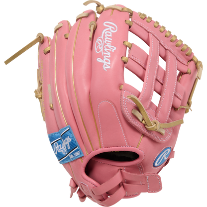 The Rawlings R9 12" ContoUR Fastpitch Glove (R9SB120U-6P) is a pink youth softball glove with tan laces, white stitching, blue Rawlings logos, and ContoUR Fit design, shown against a white background.