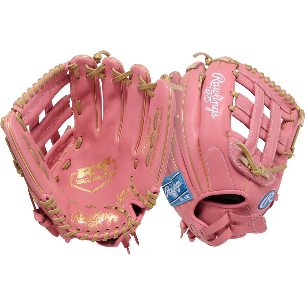 Two Rawlings R9 12" ContoUR Fastpitch Gloves (R9SB120U-6P) are shown side by side, highlighting tan laces, gold accents, and logos from the R9 Series fastpitch collection in both front and back views.
