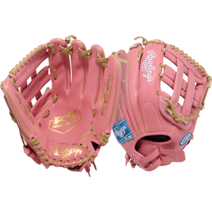 Two Rawlings R9 12" ContoUR Fastpitch Gloves (R9SB120U-6P) are shown side by side, highlighting tan laces, gold accents, and logos from the R9 Series fastpitch collection in both front and back views.
