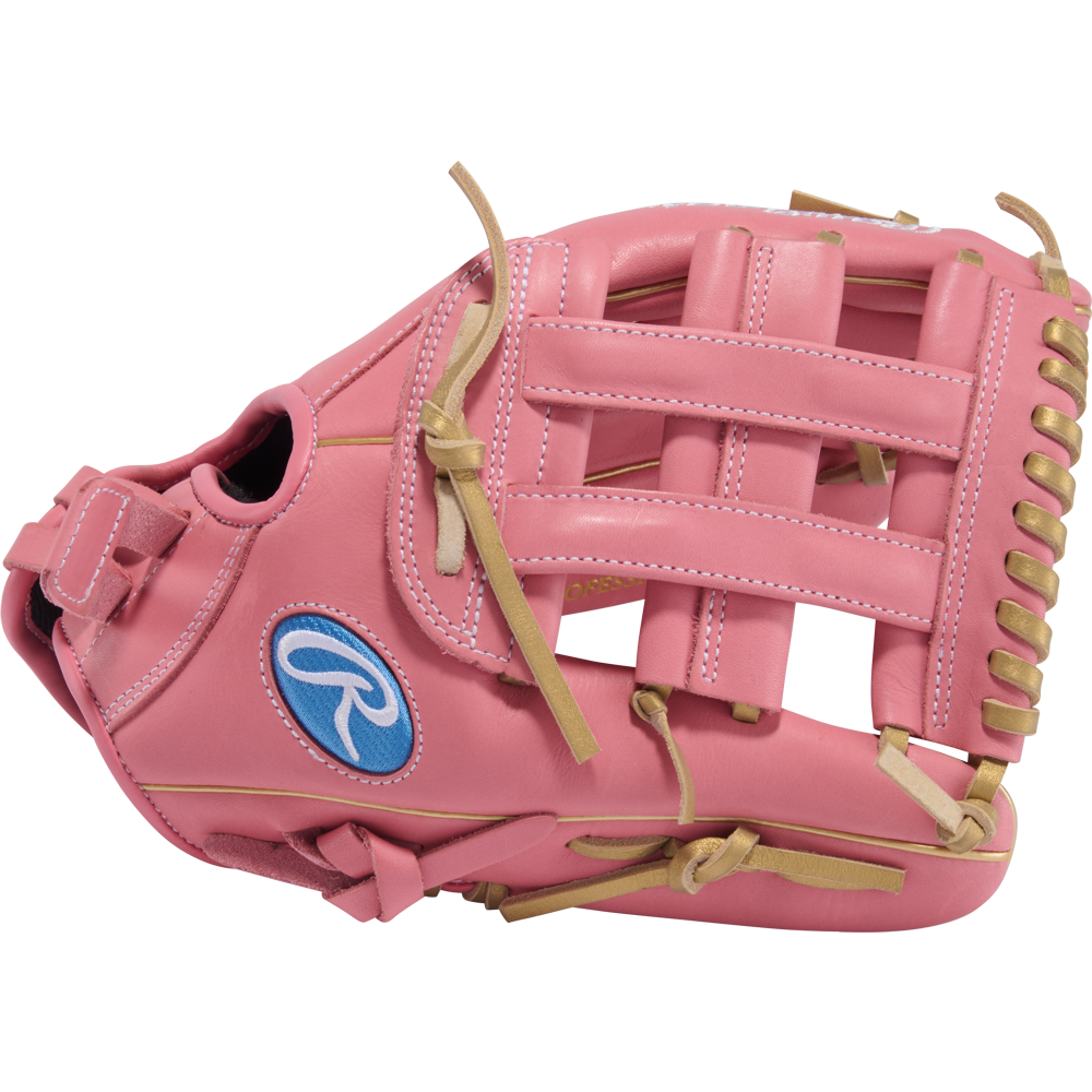 The Rawlings R9 12" ContoUR Fastpitch Glove (R9SB120U-6P) is a pink leather youth glove with tan lacing, white stitching, and a blue Rawlings logo patch. Part of the R9 Series, it features ContoUR Fit for comfort and control.