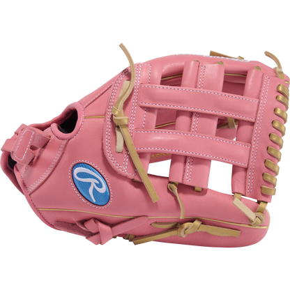 The Rawlings R9 12" ContoUR Fastpitch Glove (R9SB120U-6P) is a pink leather youth glove with tan lacing, white stitching, and a blue Rawlings logo patch. Part of the R9 Series, it features ContoUR Fit for comfort and control.