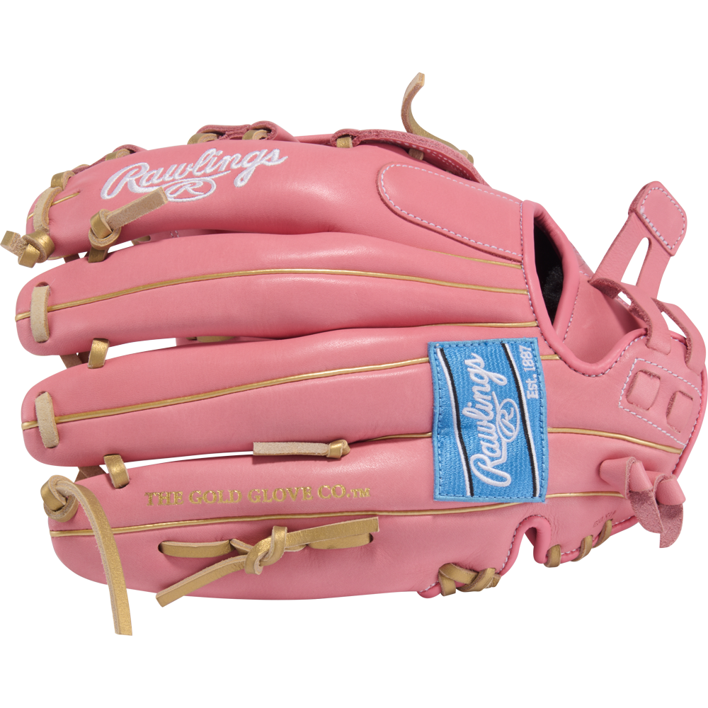 The Rawlings R9 12" ContoUR Fastpitch Glove (R9SB120U-6P) features a pink design with tan laces, blue Rawlings patch, ContoUR Fit, and "THE GOLD GLOVE CO." in gold. Perfect for youth softball.