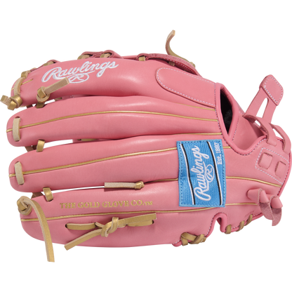 The Rawlings R9 12" ContoUR Fastpitch Glove (R9SB120U-6P) features a pink design with tan laces, blue Rawlings patch, ContoUR Fit, and "THE GOLD GLOVE CO." in gold. Perfect for youth softball.