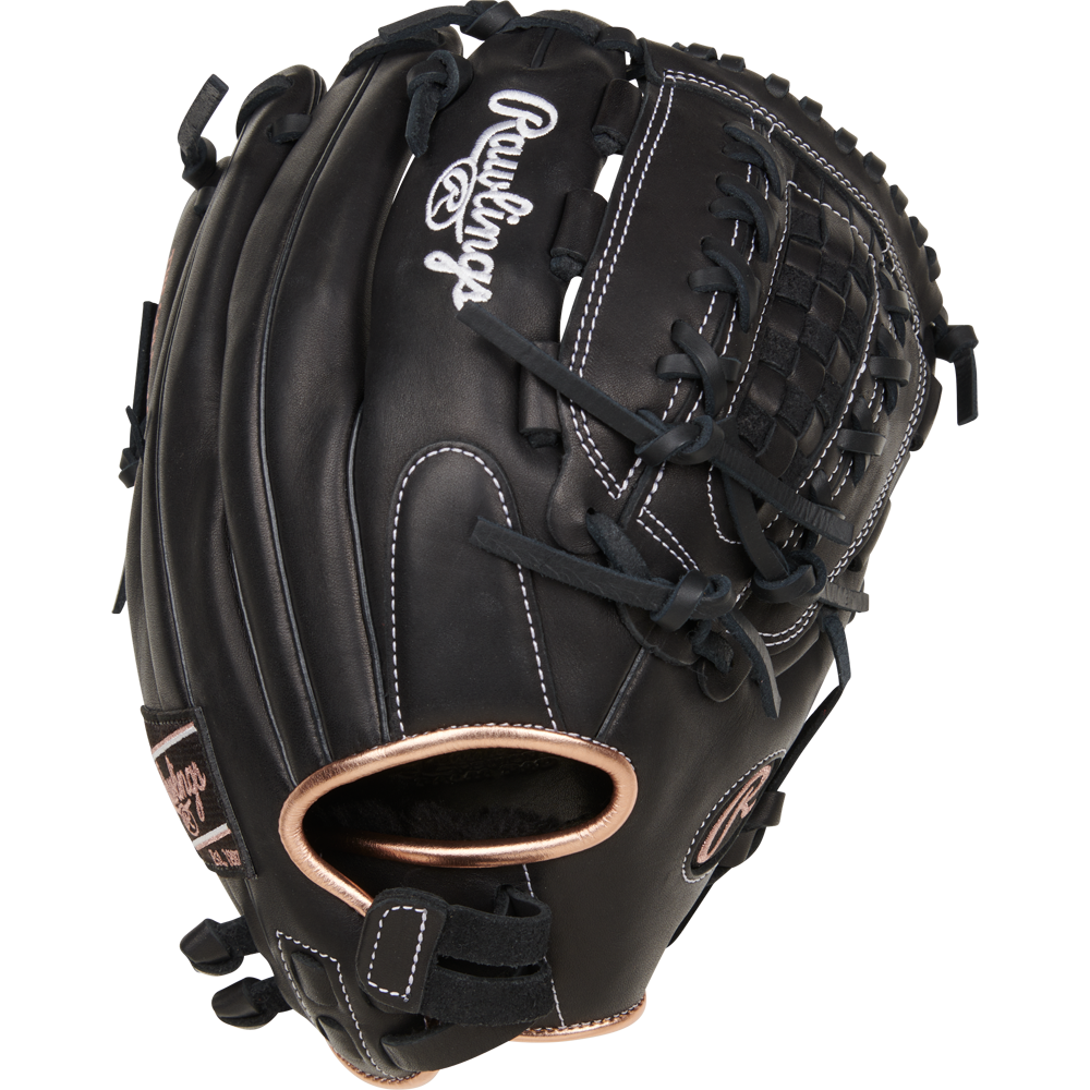 The Rawlings R9 12.5" Fastpitch Glove (R9SB125-18B) features black full-grain leather, white stitching, and a webbed pocket, shown against a white background.