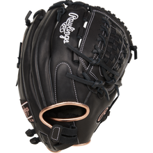 The Rawlings R9 12.5" Fastpitch Glove (R9SB125-18B) features black full-grain leather, white stitching, and a webbed pocket, shown against a white background.