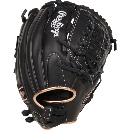 The Rawlings R9 12.5" Fastpitch Glove (R9SB125-18B) features black full-grain leather, white stitching, and a webbed pocket, shown against a white background.