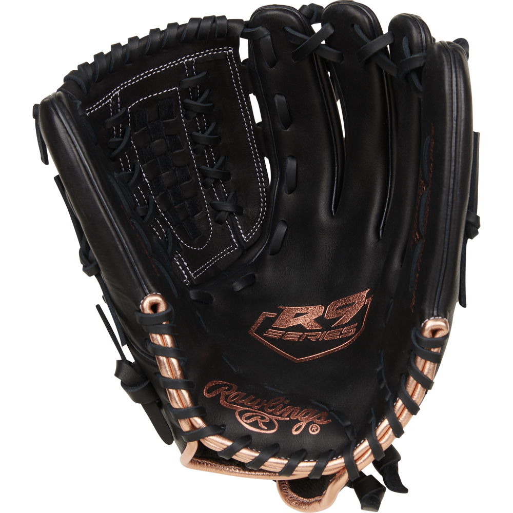 The Rawlings R9 12.5" Fastpitch Glove (R9SB125-18B) features a black design with copper accents, white stitching, and woven web. Made from durable full-grain leather, this outfield glove by Rawlings delivers premium performance.