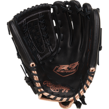 The Rawlings R9 12.5" Fastpitch Glove (R9SB125-18B) features a black design with copper accents, white stitching, and woven web. Made from durable full-grain leather, this outfield glove by Rawlings delivers premium performance.