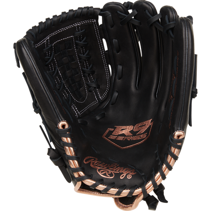 The Rawlings R9 12.5" Fastpitch Glove (R9SB125-18B) features a black design with copper accents, white stitching, and woven web. Made from durable full-grain leather, this outfield glove by Rawlings delivers premium performance.