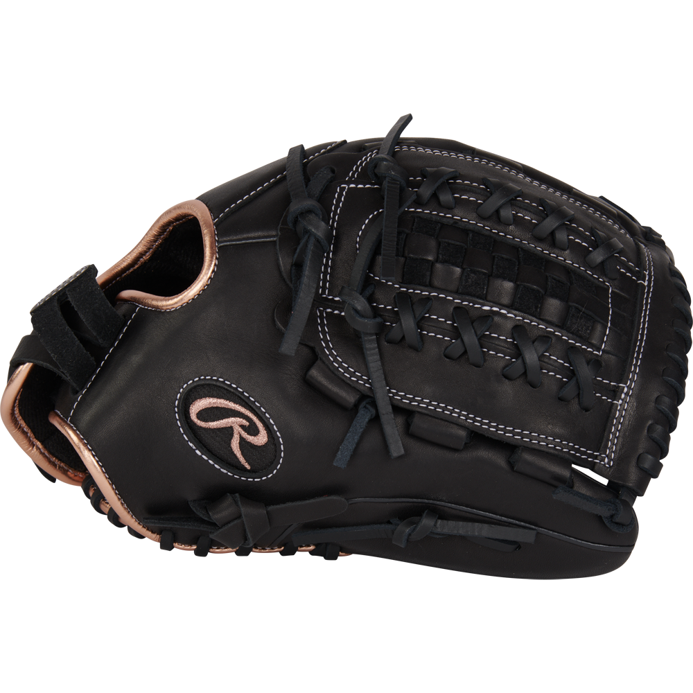 The Rawlings R9 12.5" Fastpitch Glove (R9SB125-18B) is a black full-grain leather outfield glove with a pink logo, designed for fastpitch softball.