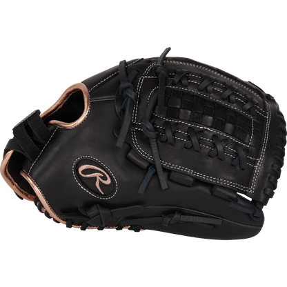 The Rawlings R9 12.5" Fastpitch Glove (R9SB125-18B) is a black full-grain leather outfield glove with a pink logo, designed for fastpitch softball.