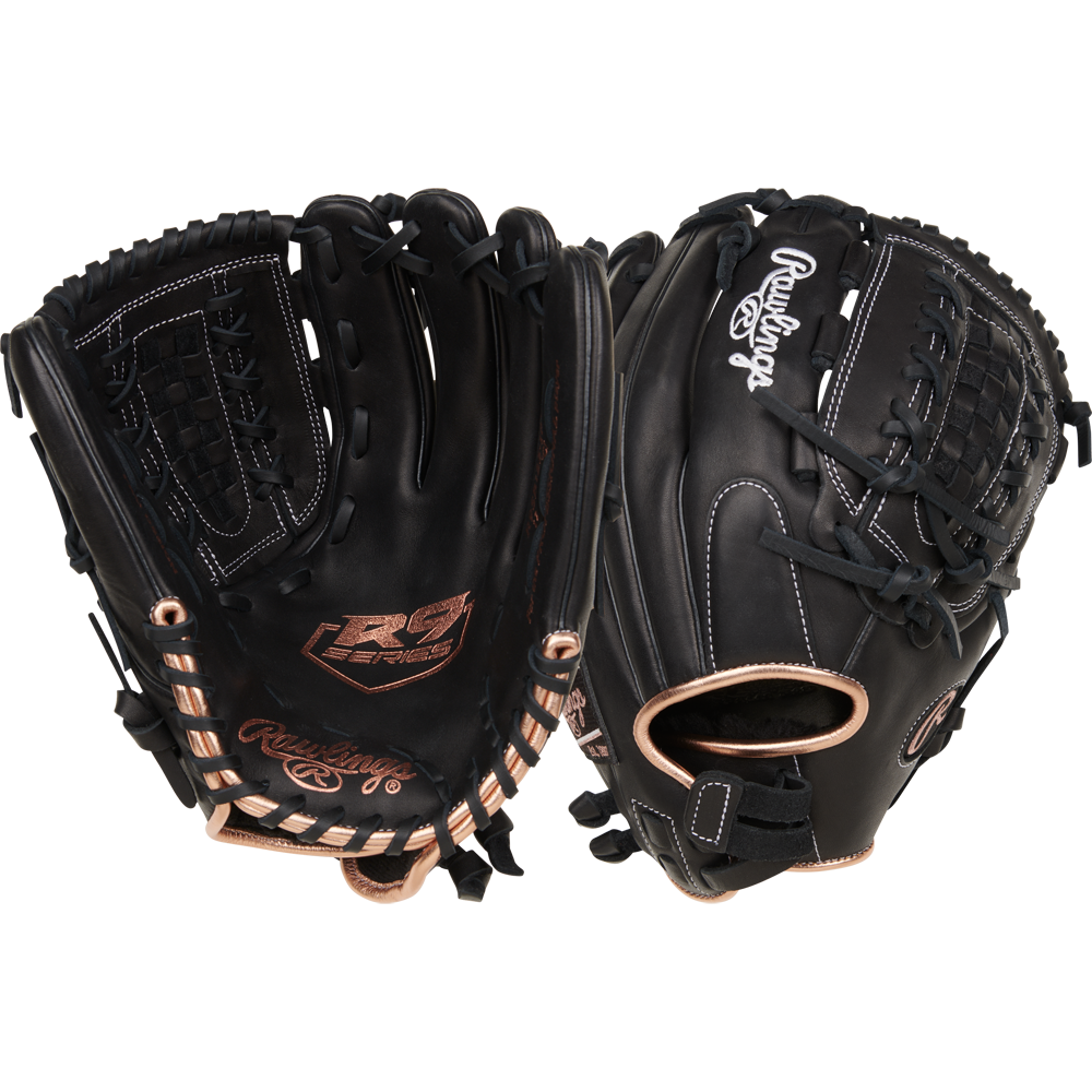Two Rawlings R9 12.5" Fastpitch Gloves (R9SB125-18B) in black with tan stitching are shown, featuring Full-Grain Leather, the Rawlings logo, and detailed lacing—one displayed palm up and the other showing the back.