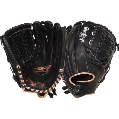 Two Rawlings R9 12.5" Fastpitch Gloves (R9SB125-18B) in black with tan stitching are shown, featuring Full-Grain Leather, the Rawlings logo, and detailed lacing—one displayed palm up and the other showing the back.