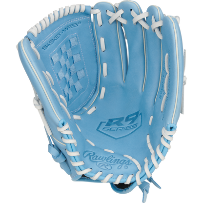 A close-up of the Rawlings R9 12.5" Fastpitch Glove (R9SB125-3CB), crafted from durable full-grain leather.