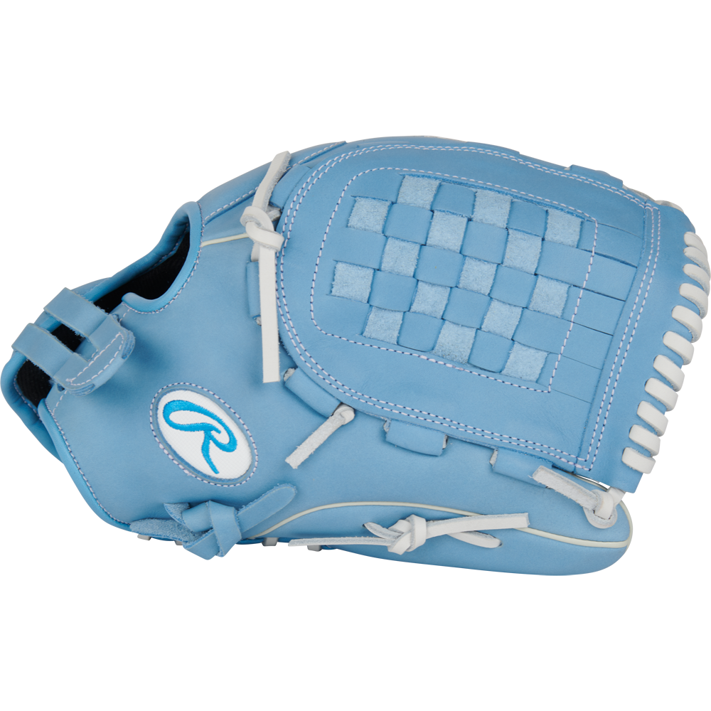 The Rawlings R9 12.5" Fastpitch Glove (R9SB125-3CB) features light blue full-grain leather, white laces and stitching, a woven pocket design, and a logo on the thumb, displayed against a plain background.