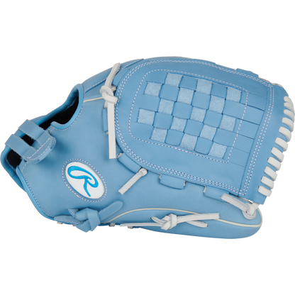 The Rawlings R9 12.5" Fastpitch Glove (R9SB125-3CB) features light blue full-grain leather, white laces and stitching, a woven pocket design, and a logo on the thumb, displayed against a plain background.