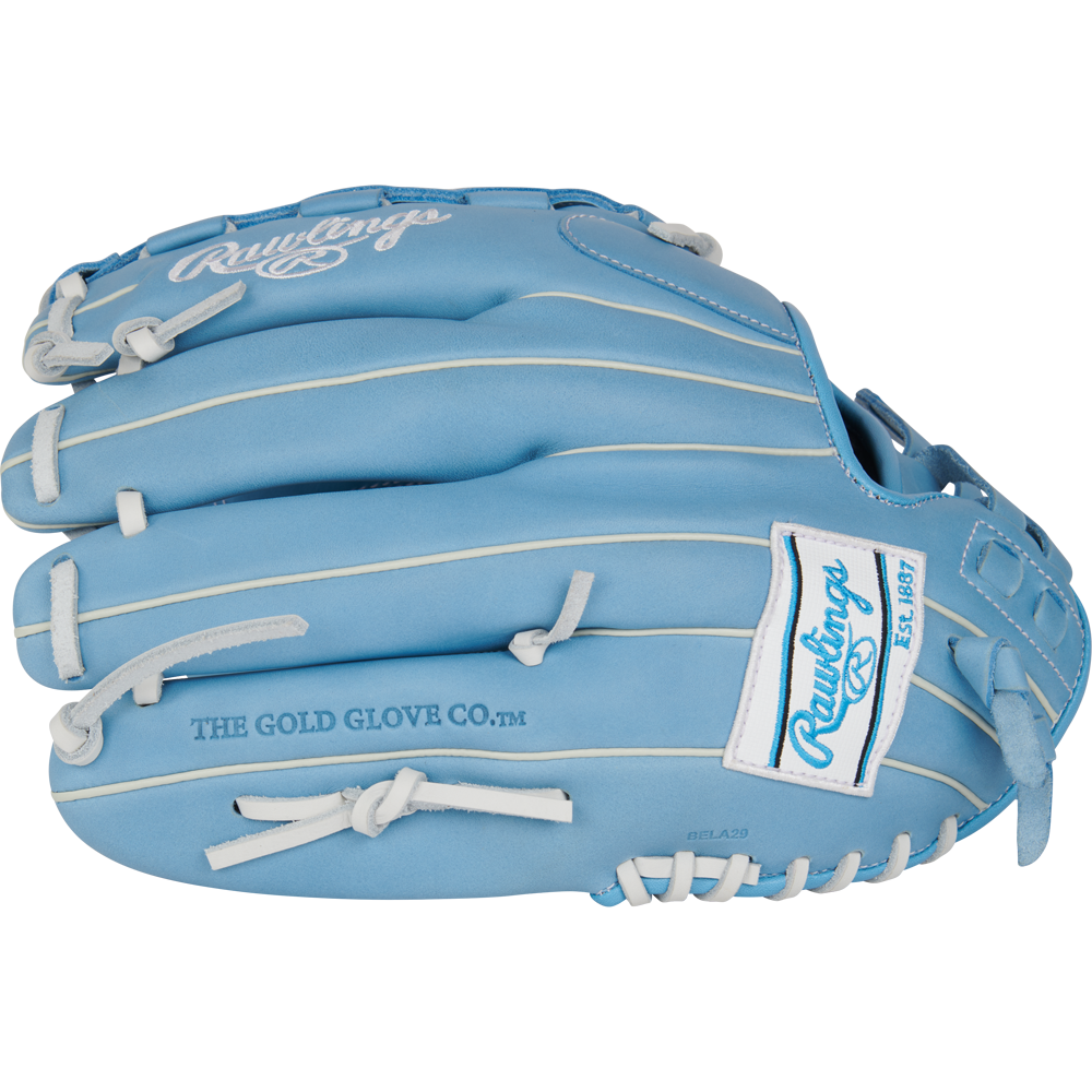 The Rawlings R9 12.5" Fastpitch Glove (R9SB125-3CB) features a light blue design with white stitching and logo, showing "Rawlings" and "THE GOLD GLOVE CO." on the side—ideal as a versatile utility glove.