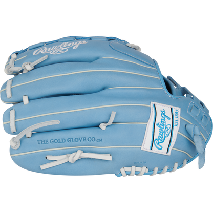 The Rawlings R9 12.5" Fastpitch Glove (R9SB125-3CB) features a light blue design with white stitching and logo, showing "Rawlings" and "THE GOLD GLOVE CO." on the side—ideal as a versatile utility glove.