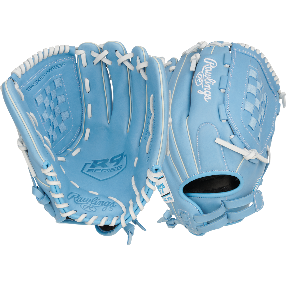 A pair of Rawlings R9 12.5" Fastpitch Gloves (R9SB125-3CB) in light blue with white laces and branding, shown with one palm and one back view—ideal utility gloves for serious players who value quality and style.