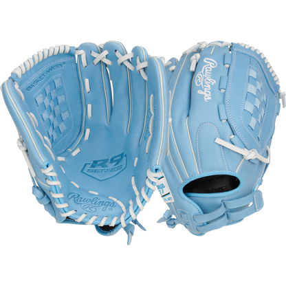 A pair of Rawlings R9 12.5" Fastpitch Gloves (R9SB125-3CB) in light blue with white laces and branding, shown with one palm and one back view—ideal utility gloves for serious players who value quality and style.