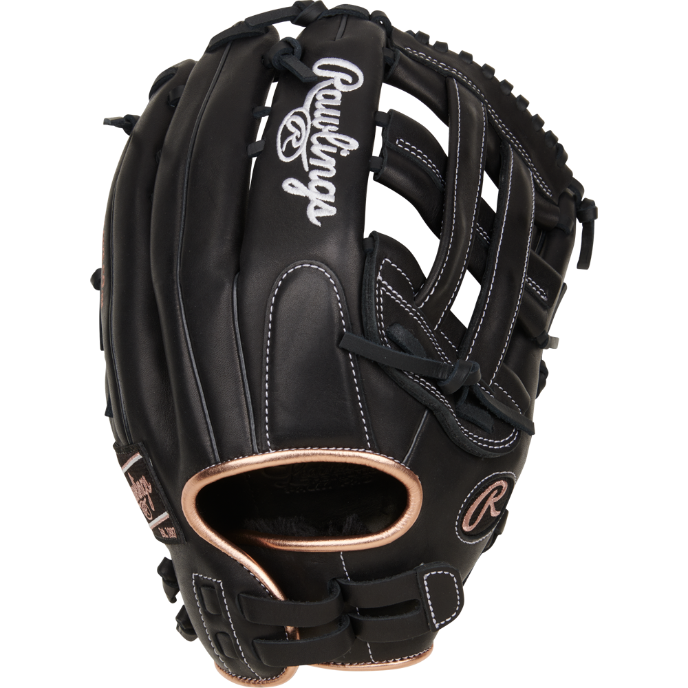 The Rawlings R9 13" Fastpitch Glove (R9SB130-6B) is a black outfield glove with white stitching, tan accents, open web design, and durable full-grain leather for lasting performance.