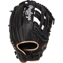 The Rawlings R9 13" Fastpitch Glove (R9SB130-6B) is a black outfield glove with white stitching, tan accents, open web design, and durable full-grain leather for lasting performance.