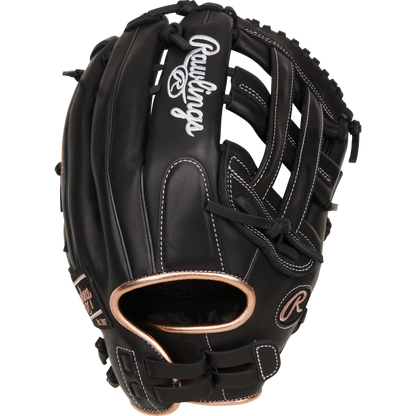 The Rawlings R9 13" Fastpitch Glove (R9SB130-6B) is a black outfield glove with white stitching, tan accents, open web design, and durable full-grain leather for lasting performance.