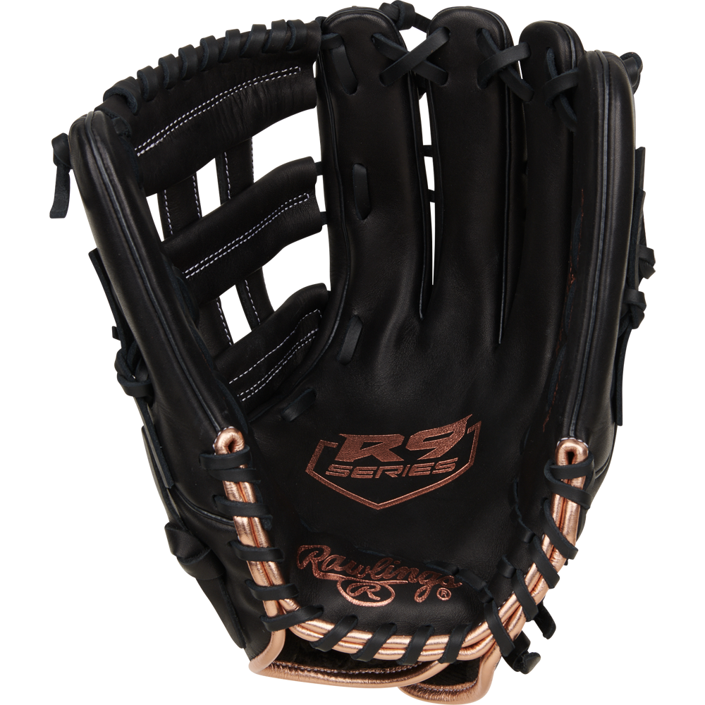 A Rawlings R9 13" Fastpitch Glove (R9SB130-6B) in black with tan laces and stitching, crafted from full-grain leather, is shown open with visible Rawlings branding on the palm and wrist against a plain white background.
