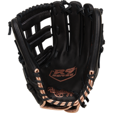 A Rawlings R9 13" Fastpitch Glove (R9SB130-6B) in black with tan laces and stitching, crafted from full-grain leather, is shown open with visible Rawlings branding on the palm and wrist against a plain white background.
