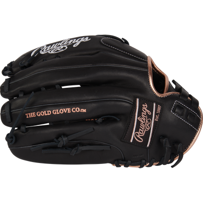 A black Rawlings R9 13" Fastpitch Glove (R9SB130-6B) with tan stitching, "THE GOLD GLOVE CO." and "Rawlings" printed on it, crafted from full-grain leather and viewed closed from the side.