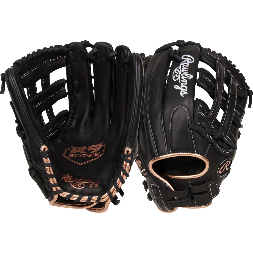 A close-up of the Rawlings R9 13" Fastpitch Glove (R9SB130-6B), made from durable full-grain leather.